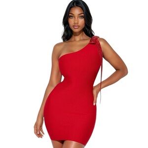NWT Fashion Nova Annelise One Shoulder Bandage Mini Dress Sz S - Red